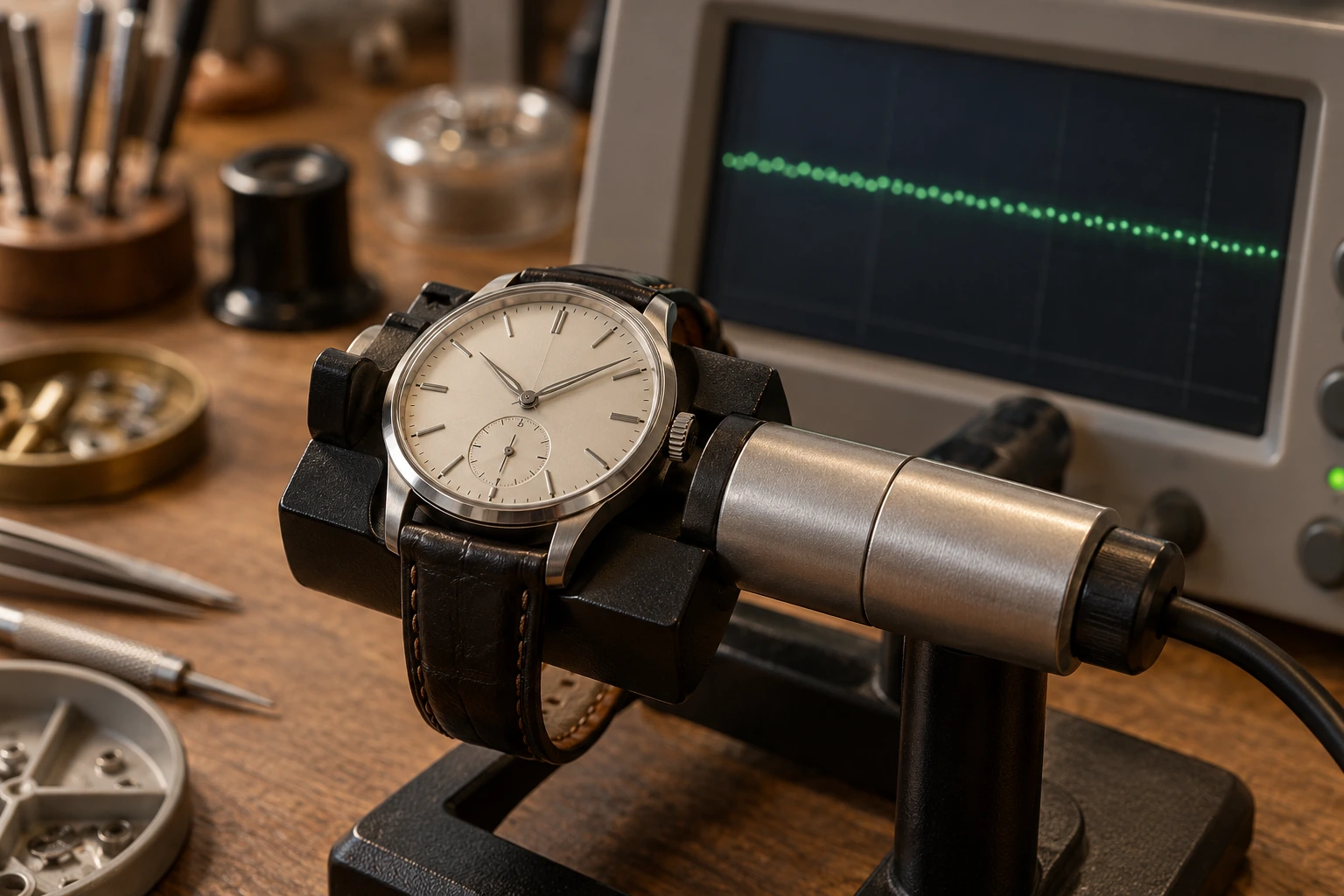 Composición editorial de un reloj sobre un cronocomparador